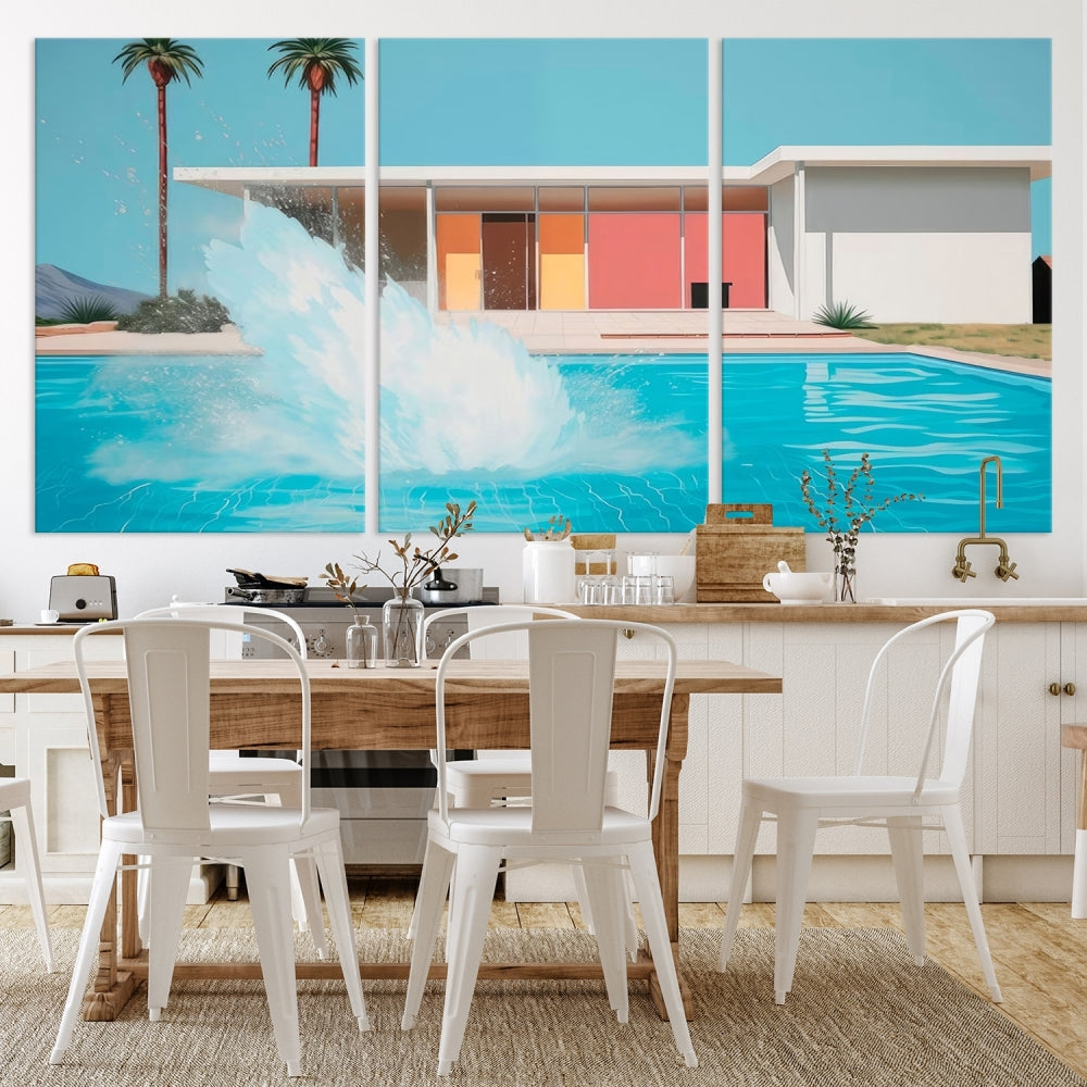 The "Splash in the Pool" Canvas Print Mid Century Wall Art features a triptych design of a pool splash in front of a mid-century modern house with palm trees. This museum-quality canvas, complete with a UV-protective coating and gallery-wrapped finish, is an ideal addition to any stylish living space.