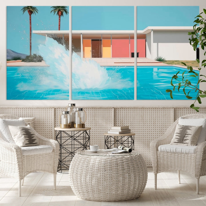 The "Splash in the Pool" Canvas Print Mid Century Wall Art features a triptych design of a pool splash in front of a mid-century modern house with palm trees. This museum-quality canvas, complete with a UV-protective coating and gallery-wrapped finish, is an ideal addition to any stylish living space.