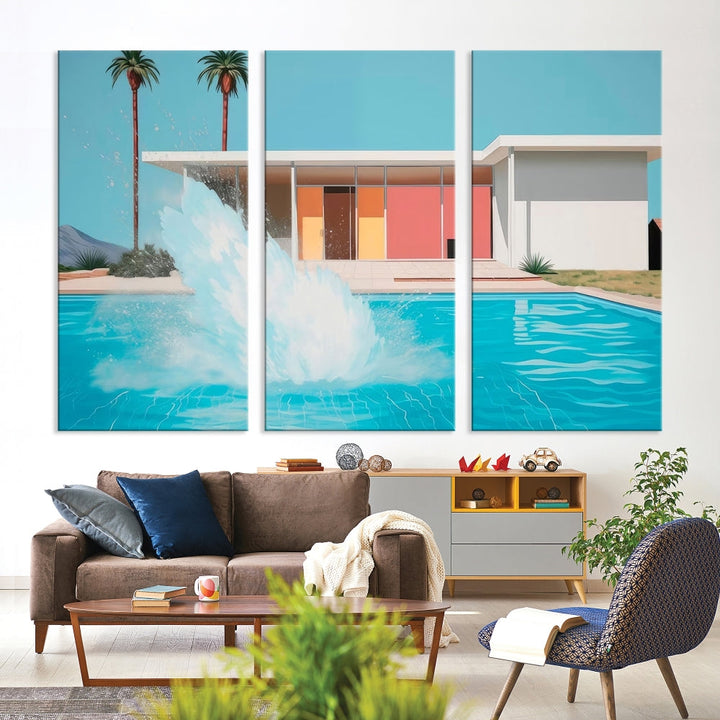 The "Splash in the Pool" Canvas Print Mid Century Wall Art features a triptych design of a pool splash in front of a mid-century modern house with palm trees. This museum-quality canvas, complete with a UV-protective coating and gallery-wrapped finish, is an ideal addition to any stylish living space.