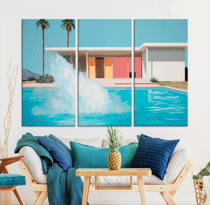 The "Splash in the Pool" Canvas Print Mid Century Wall Art features a triptych design of a pool splash in front of a mid-century modern house with palm trees. This museum-quality canvas, complete with a UV-protective coating and gallery-wrapped finish, is an ideal addition to any stylish living space.