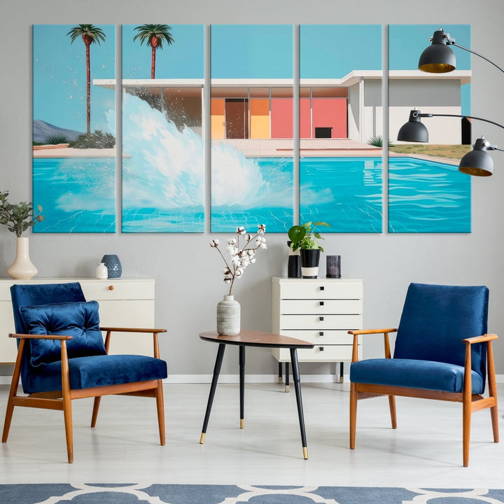 The "Splash in the Pool" Canvas Print Mid Century Wall Art features a triptych design of a pool splash in front of a mid-century modern house with palm trees. This museum-quality canvas, complete with a UV-protective coating and gallery-wrapped finish, is an ideal addition to any stylish living space.