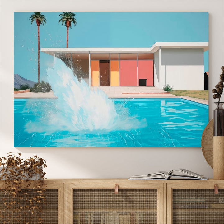 The "Splash in the Pool" Canvas Print Mid Century Wall Art features a triptych design of a pool splash in front of a mid-century modern house with palm trees. This museum-quality canvas, complete with a UV-protective coating and gallery-wrapped finish, is an ideal addition to any stylish living space.