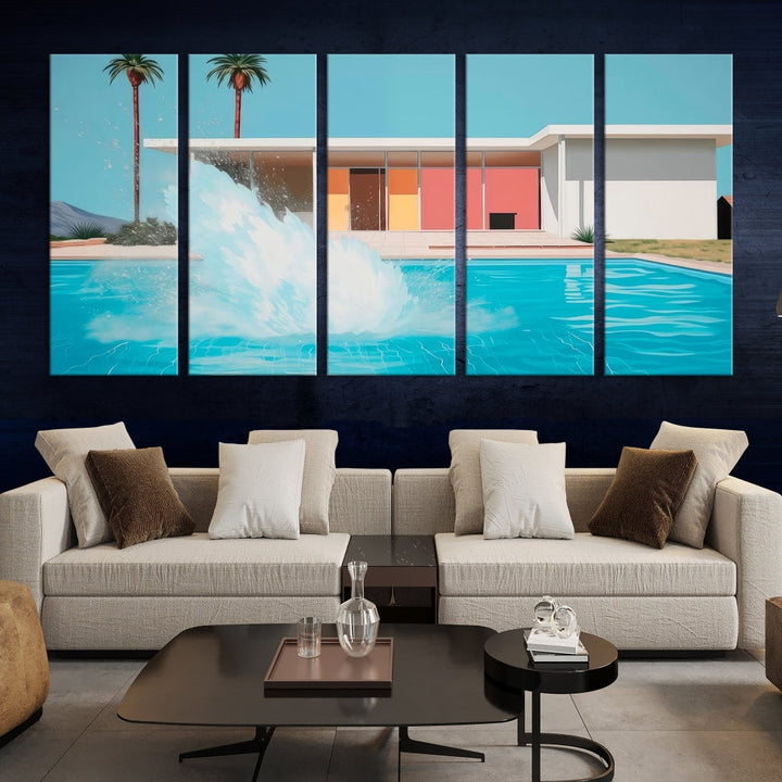 The "Splash in the Pool" Canvas Print Mid Century Wall Art features a triptych design of a pool splash in front of a mid-century modern house with palm trees. This museum-quality canvas, complete with a UV-protective coating and gallery-wrapped finish, is an ideal addition to any stylish living space.