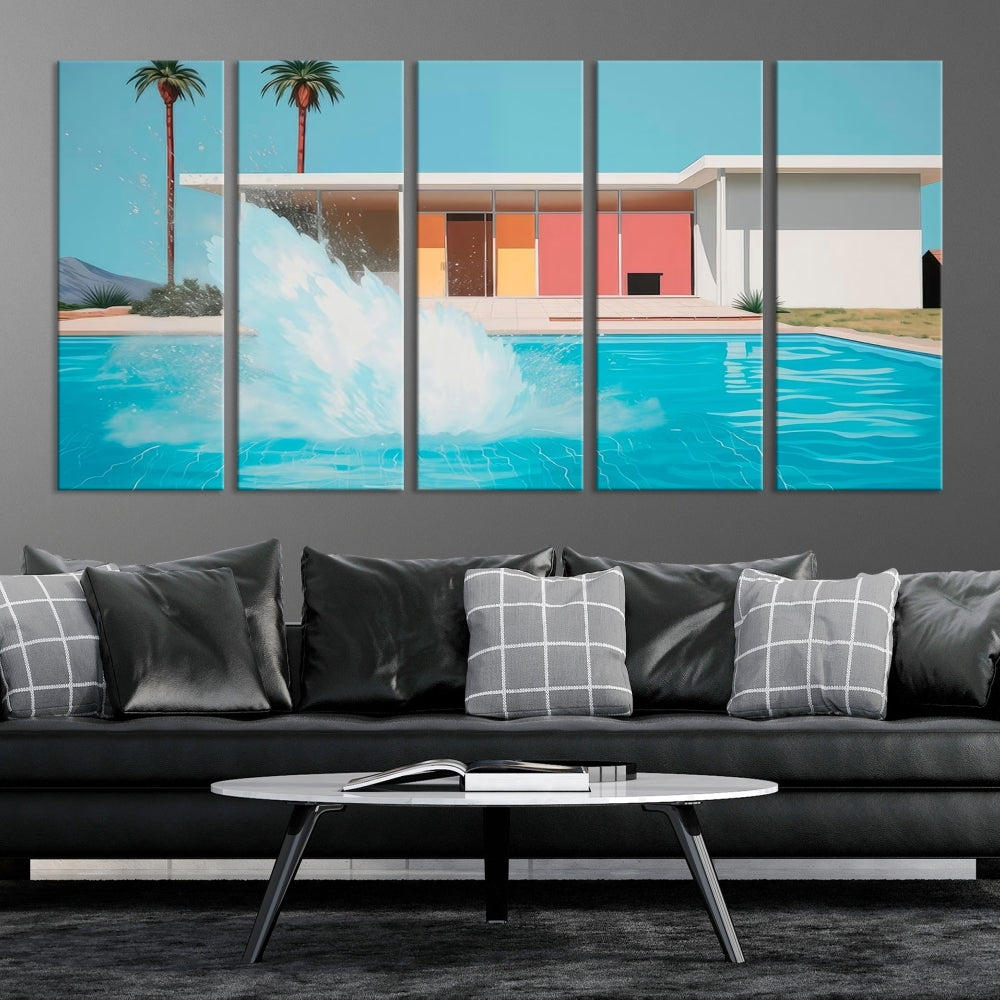 The "Splash in the Pool" Canvas Print Mid Century Wall Art features a triptych design of a pool splash in front of a mid-century modern house with palm trees. This museum-quality canvas, complete with a UV-protective coating and gallery-wrapped finish, is an ideal addition to any stylish living space.