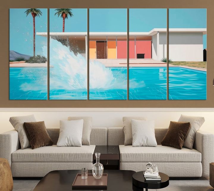 The "Splash in the Pool" Canvas Print Mid Century Wall Art features a triptych design of a pool splash in front of a mid-century modern house with palm trees. This museum-quality canvas, complete with a UV-protective coating and gallery-wrapped finish, is an ideal addition to any stylish living space.