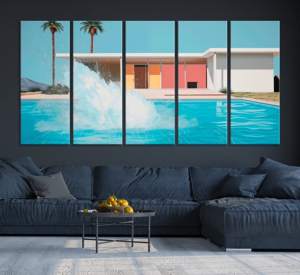 The "Splash in the Pool" Canvas Print Mid Century Wall Art features a triptych design of a pool splash in front of a mid-century modern house with palm trees. This museum-quality canvas, complete with a UV-protective coating and gallery-wrapped finish, is an ideal addition to any stylish living space.