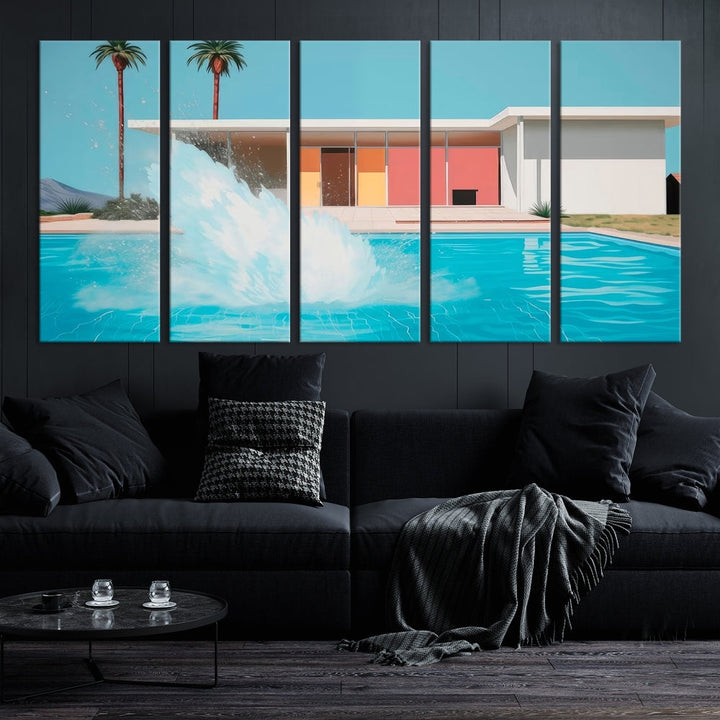 The "Splash in the Pool" Canvas Print Mid Century Wall Art features a triptych design of a pool splash in front of a mid-century modern house with palm trees. This museum-quality canvas, complete with a UV-protective coating and gallery-wrapped finish, is an ideal addition to any stylish living space.