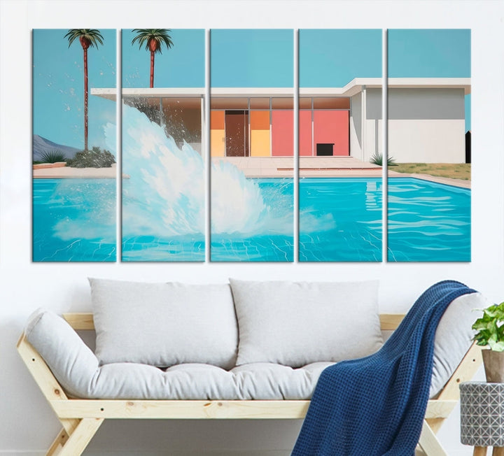 The "Splash in the Pool" Canvas Print Mid Century Wall Art features a triptych design of a pool splash in front of a mid-century modern house with palm trees. This museum-quality canvas, complete with a UV-protective coating and gallery-wrapped finish, is an ideal addition to any stylish living space.