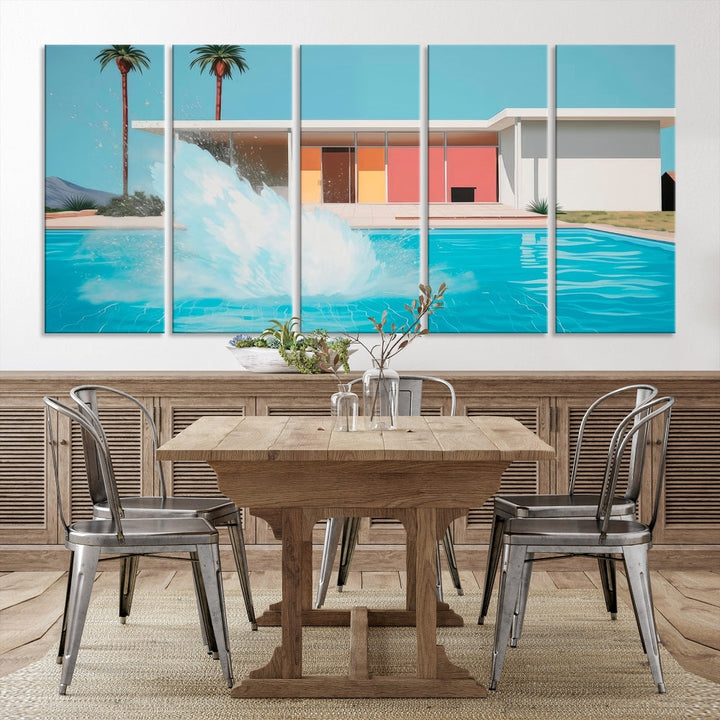 The "Splash in the Pool" Canvas Print Mid Century Wall Art features a triptych design of a pool splash in front of a mid-century modern house with palm trees. This museum-quality canvas, complete with a UV-protective coating and gallery-wrapped finish, is an ideal addition to any stylish living space.