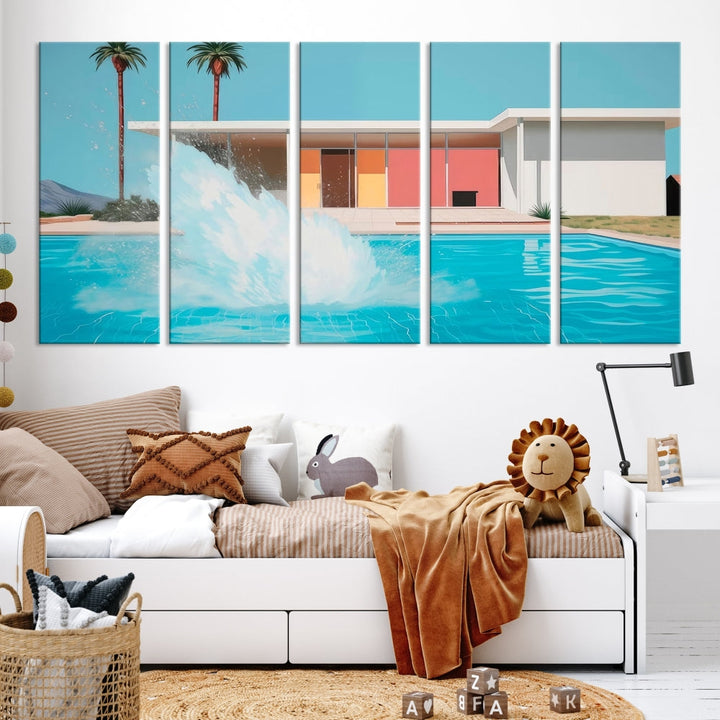 The "Splash in the Pool" Canvas Print Mid Century Wall Art features a triptych design of a pool splash in front of a mid-century modern house with palm trees. This museum-quality canvas, complete with a UV-protective coating and gallery-wrapped finish, is an ideal addition to any stylish living space.