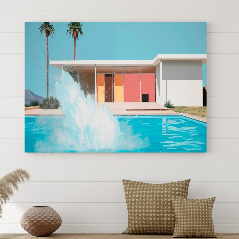 The "Splash in the Pool" Canvas Print Mid Century Wall Art features a triptych design of a pool splash in front of a mid-century modern house with palm trees. This museum-quality canvas, complete with a UV-protective coating and gallery-wrapped finish, is an ideal addition to any stylish living space.