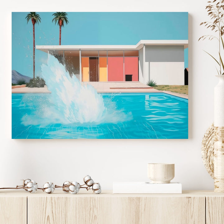 The "Splash in the Pool" Canvas Print Mid Century Wall Art features a triptych design of a pool splash in front of a mid-century modern house with palm trees. This museum-quality canvas, complete with a UV-protective coating and gallery-wrapped finish, is an ideal addition to any stylish living space.