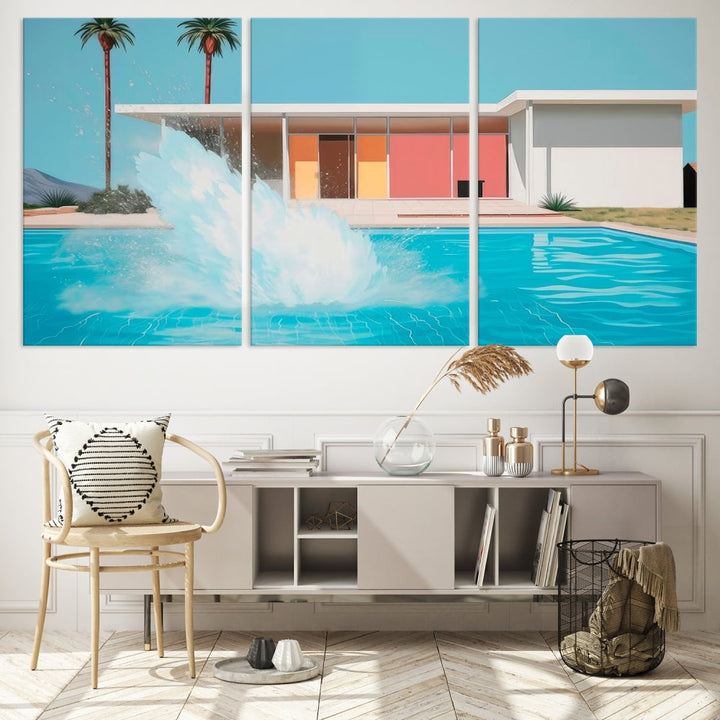 The "Splash in the Pool" Canvas Print Mid Century Wall Art features a triptych design of a pool splash in front of a mid-century modern house with palm trees. This museum-quality canvas, complete with a UV-protective coating and gallery-wrapped finish, is an ideal addition to any stylish living space.