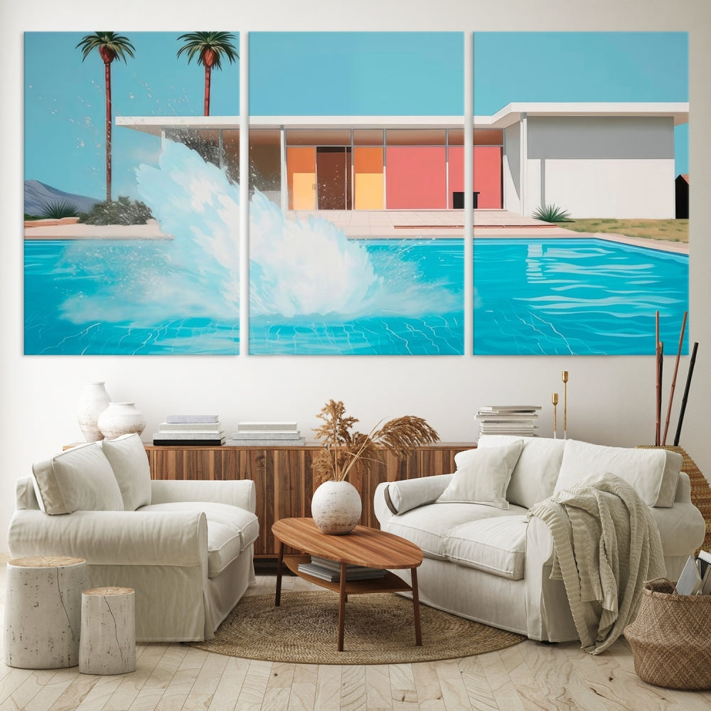 The "Splash in the Pool" Canvas Print Mid Century Wall Art features a triptych design of a pool splash in front of a mid-century modern house with palm trees. This museum-quality canvas, complete with a UV-protective coating and gallery-wrapped finish, is an ideal addition to any stylish living space.