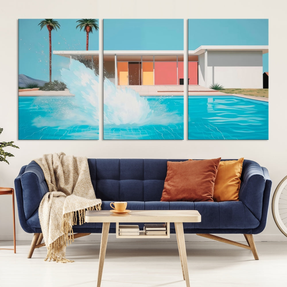 The "Splash in the Pool" Canvas Print Mid Century Wall Art features a triptych design of a pool splash in front of a mid-century modern house with palm trees. This museum-quality canvas, complete with a UV-protective coating and gallery-wrapped finish, is an ideal addition to any stylish living space.