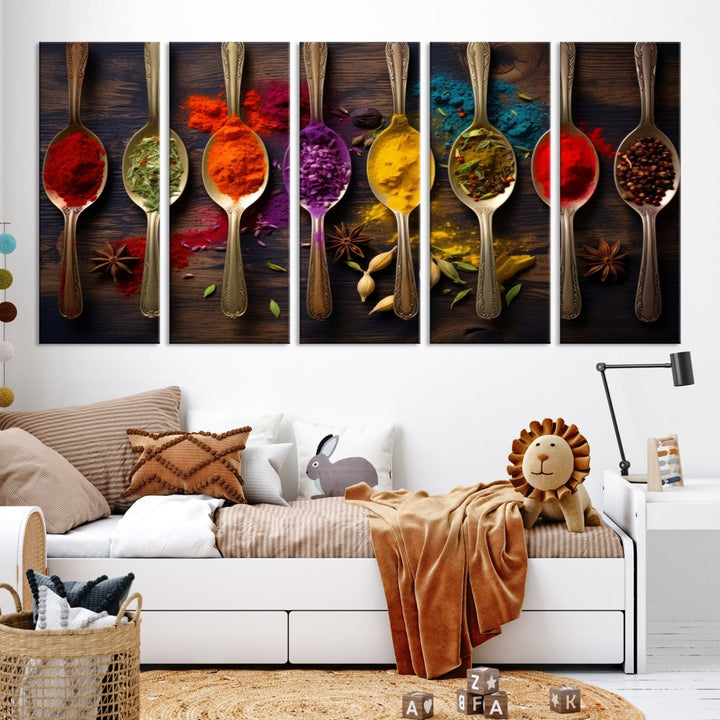 The Sponge Kitchen Wall Art Canvas Print showcases decorative artwork featuring spoons filled with colorful spices against a wooden background. Printed on museum-quality canvas, this ready-to-hang piece effortlessly adds charm and vibrancy to any space.