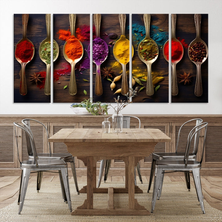 The Sponge Kitchen Wall Art Canvas Print showcases decorative artwork featuring spoons filled with colorful spices against a wooden background. Printed on museum-quality canvas, this ready-to-hang piece effortlessly adds charm and vibrancy to any space.