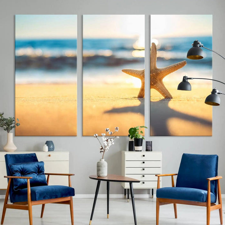 The Starfish on the Beach Wall Art Canvas Print brings a coastal ambiance to a stylish, modern space.