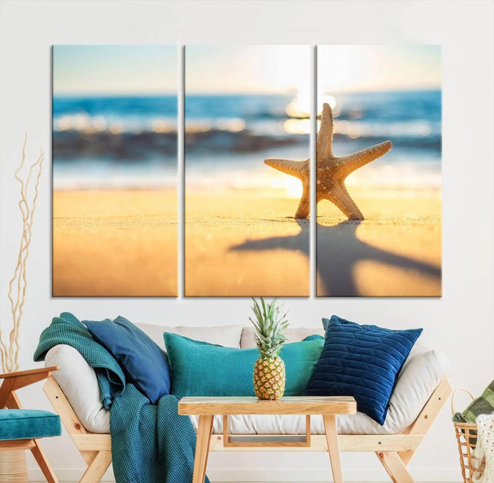 The Starfish on the Beach Wall Art Canvas Print brings a coastal ambiance to a stylish, modern space.