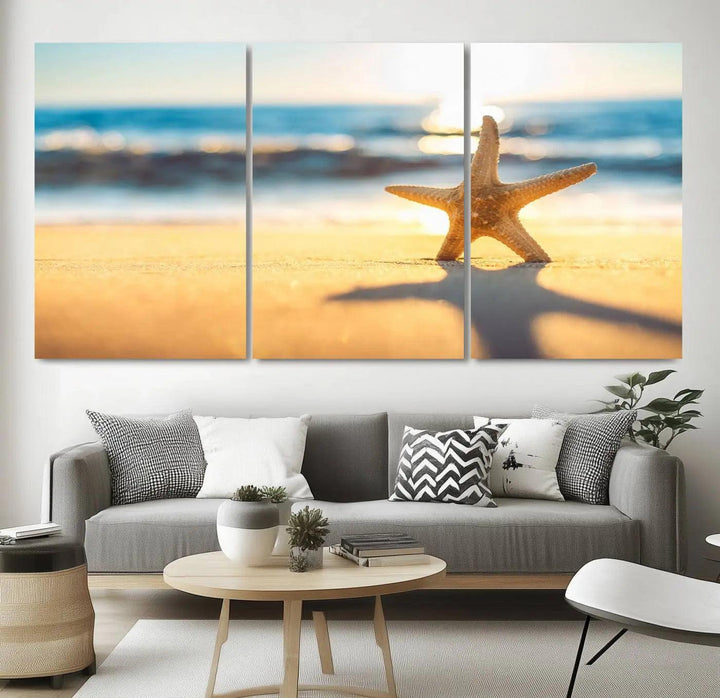 The Starfish on the Beach Wall Art Canvas Print brings a coastal ambiance to a stylish, modern space.