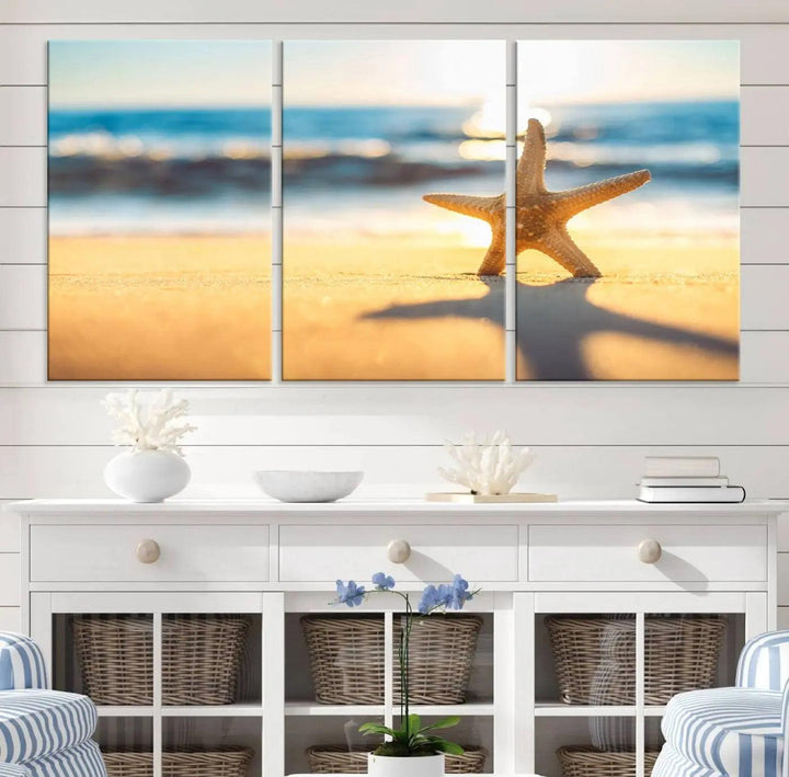 The Starfish on the Beach Wall Art Canvas Print brings a coastal ambiance to a stylish, modern space.