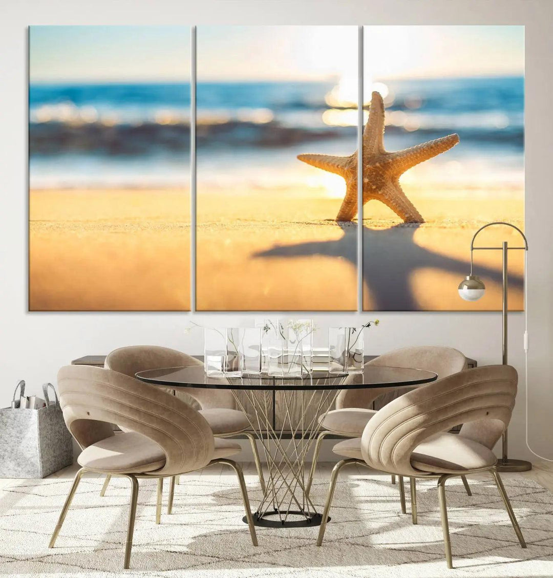 The Starfish on the Beach Wall Art Canvas Print brings a coastal ambiance to a stylish, modern space.