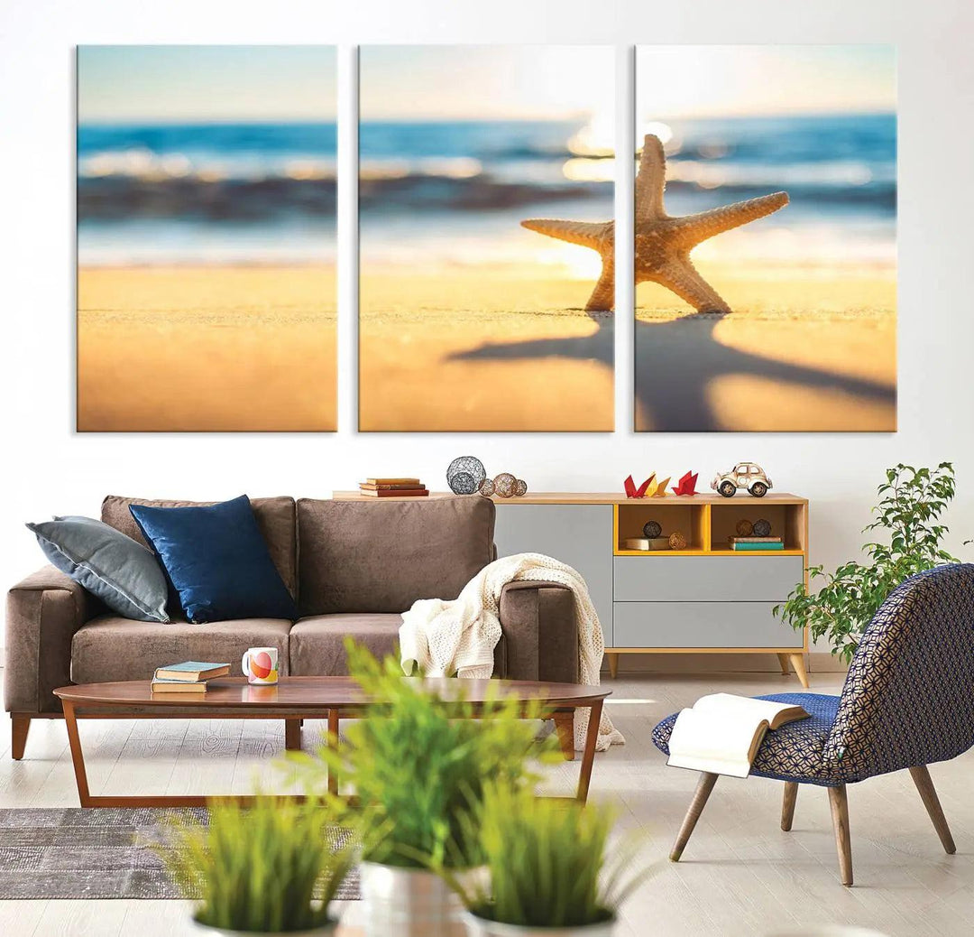 The Starfish on the Beach Wall Art Canvas Print brings a coastal ambiance to a stylish, modern space.