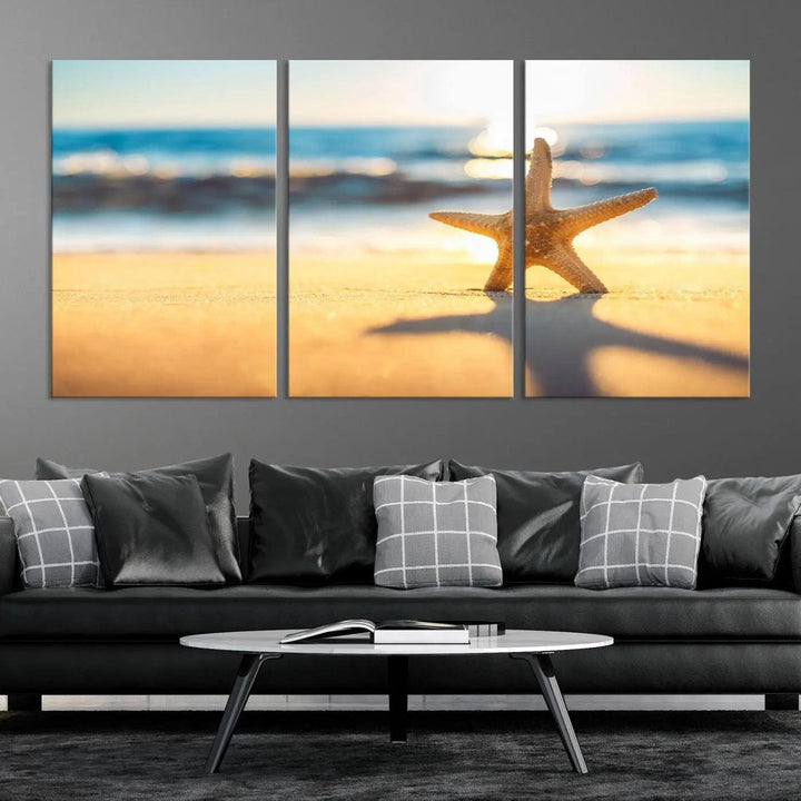 The Starfish on the Beach Wall Art Canvas Print brings a coastal ambiance to a stylish, modern space.