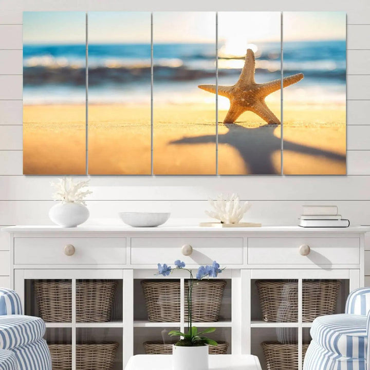 The Starfish on the Beach Wall Art Canvas Print brings a coastal ambiance to a stylish, modern space.