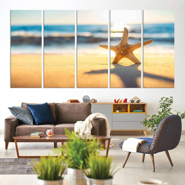 The Starfish on the Beach Wall Art Canvas Print brings a coastal ambiance to a stylish, modern space.