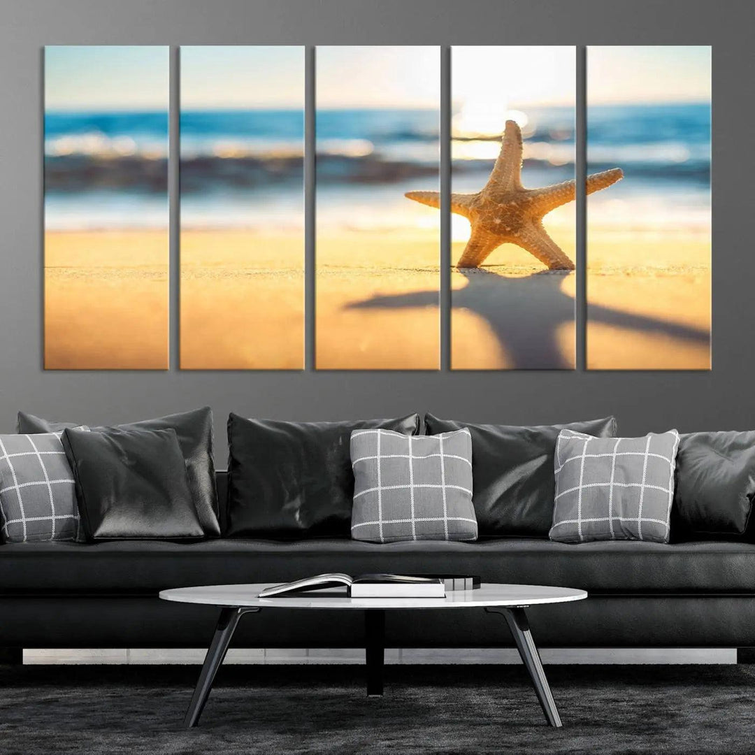 The Starfish on the Beach Wall Art Canvas Print brings a coastal ambiance to a stylish, modern space.