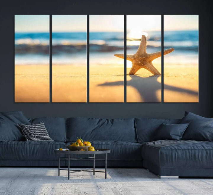 The Starfish on the Beach Wall Art Canvas Print brings a coastal ambiance to a stylish, modern space.