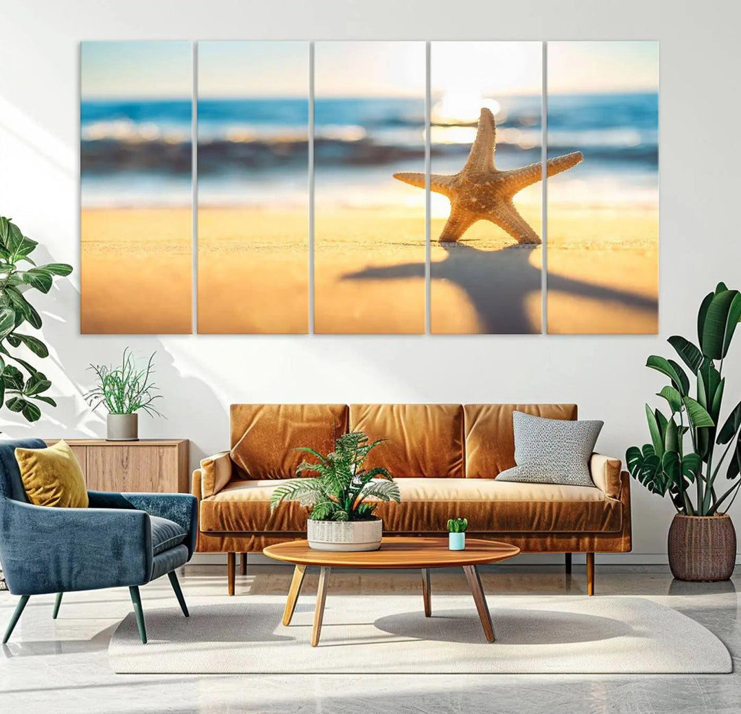 The Starfish on the Beach Wall Art Canvas Print brings a coastal ambiance to a stylish, modern space.