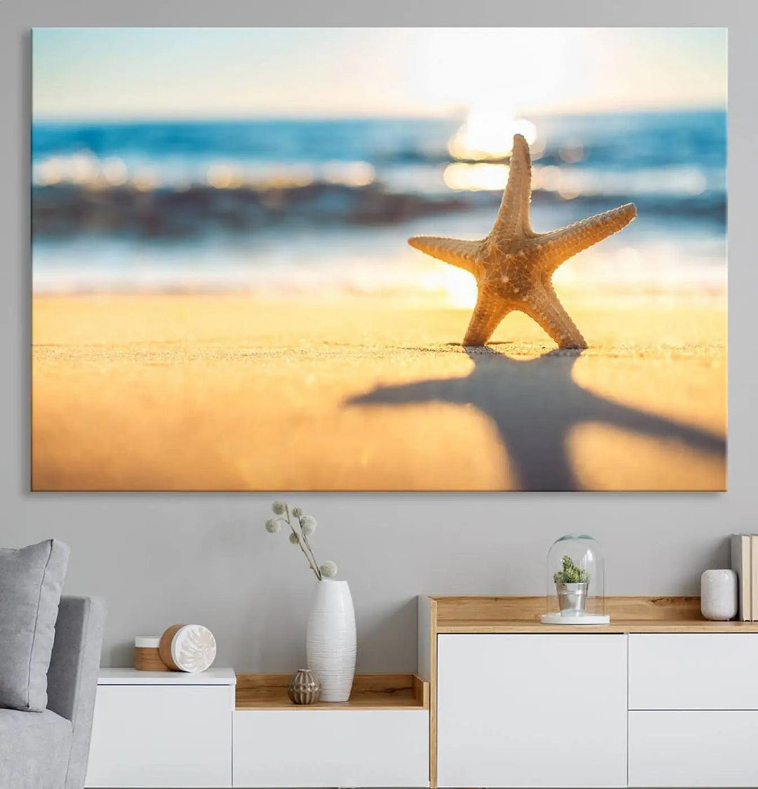 The Starfish on the Beach Wall Art Canvas Print brings a coastal ambiance to a stylish, modern space.