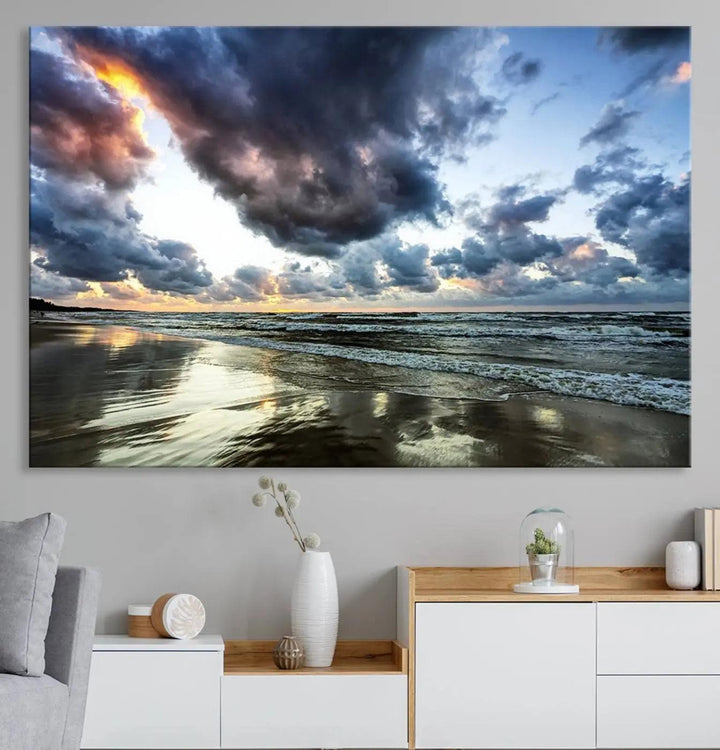 Stormy ocean sky wall art in giclee canvas print with gallery wrap. Perfect for coastal and nautical home decor.