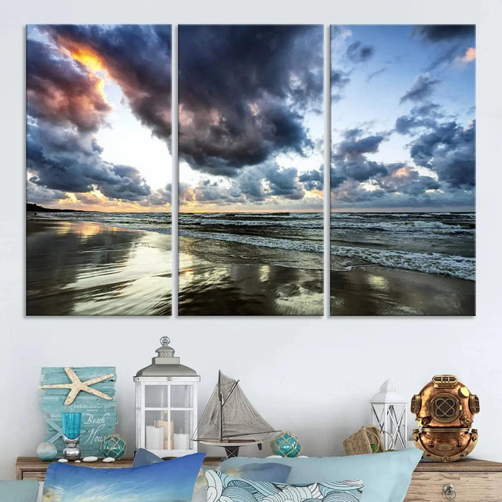 A breathtaking "Stormy Ocean Sky Wall Art" canvas print beautifully depicts stormy ocean skies and waves at sunset, with reflections shimmering on wet sand.