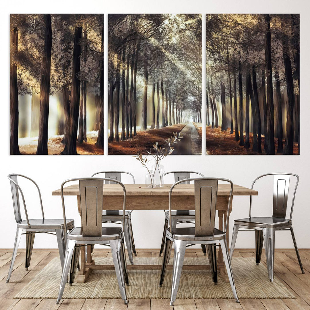 A Sunlit Forest Path Canvas Print, offering serene nature wall art, adorns the wall.