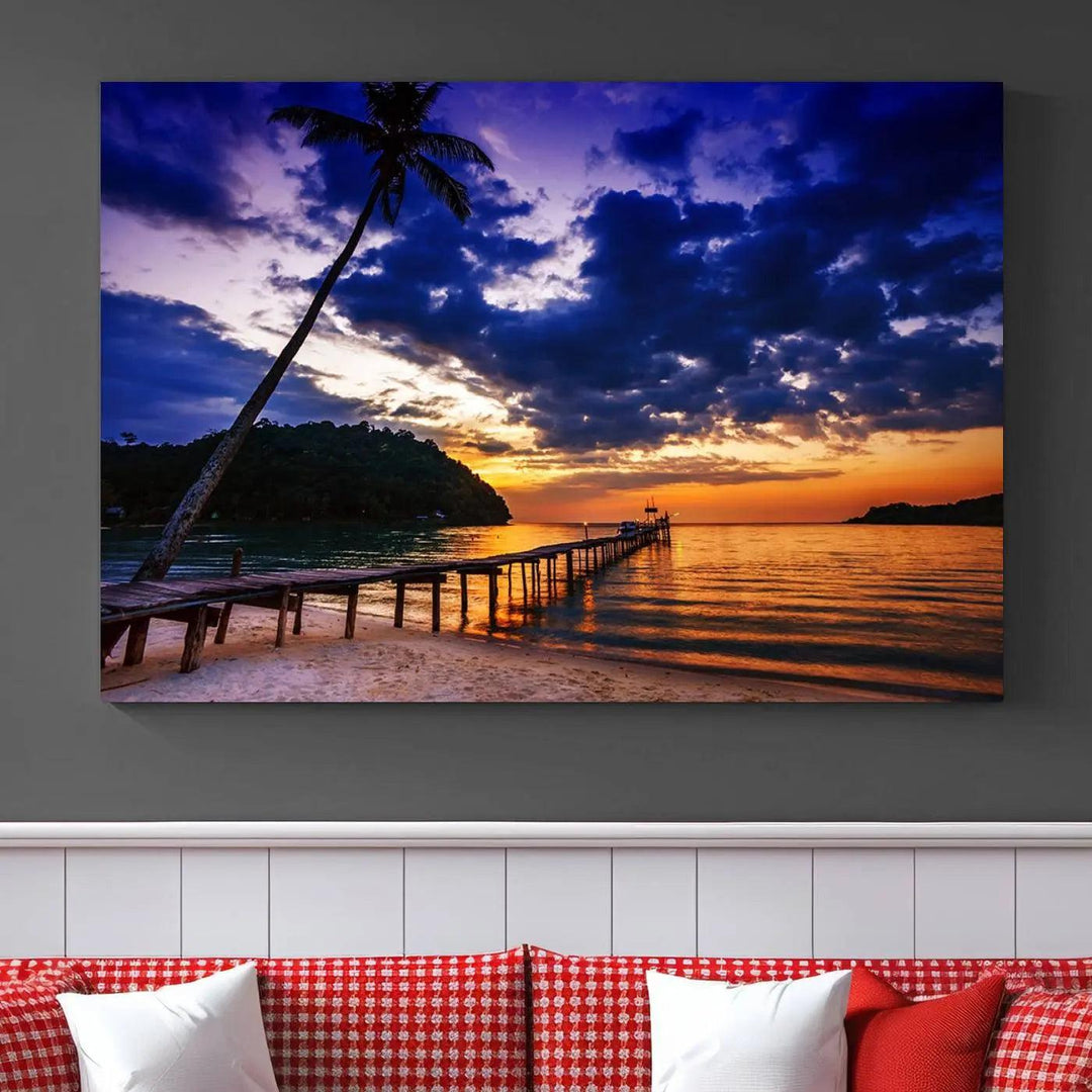 Sunset Beach Pier Wall Art, Tropical Island Sunset Canvas Print, Palm Tree and Pier Seascape Triptych, Coastal Wall Art for Relaxation Spaces