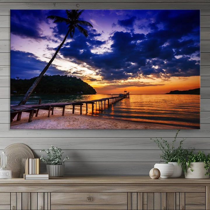 Sunset Beach Pier Wall Art, Tropical Island Sunset Canvas Print, Palm Tree and Pier Seascape Triptych, Coastal Wall Art for Relaxation Spaces