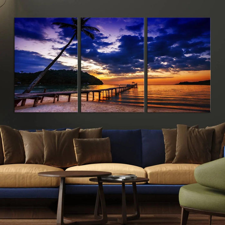 Sunset Beach Pier Wall Art, Tropical Island Sunset Canvas Print, Palm Tree and Pier Seascape Triptych, Coastal Wall Art for Relaxation Spaces