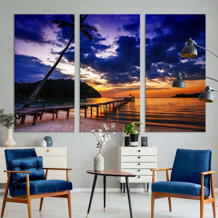 Sunset Beach Pier Wall Art, Tropical Island Sunset Canvas Print, Palm Tree and Pier Seascape Triptych, Coastal Wall Art for Relaxation Spaces