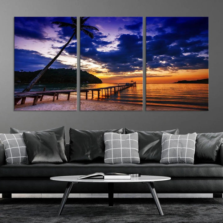 Sunset Beach Pier Wall Art, Tropical Island Sunset Canvas Print, Palm Tree and Pier Seascape Triptych, Coastal Wall Art for Relaxation Spaces