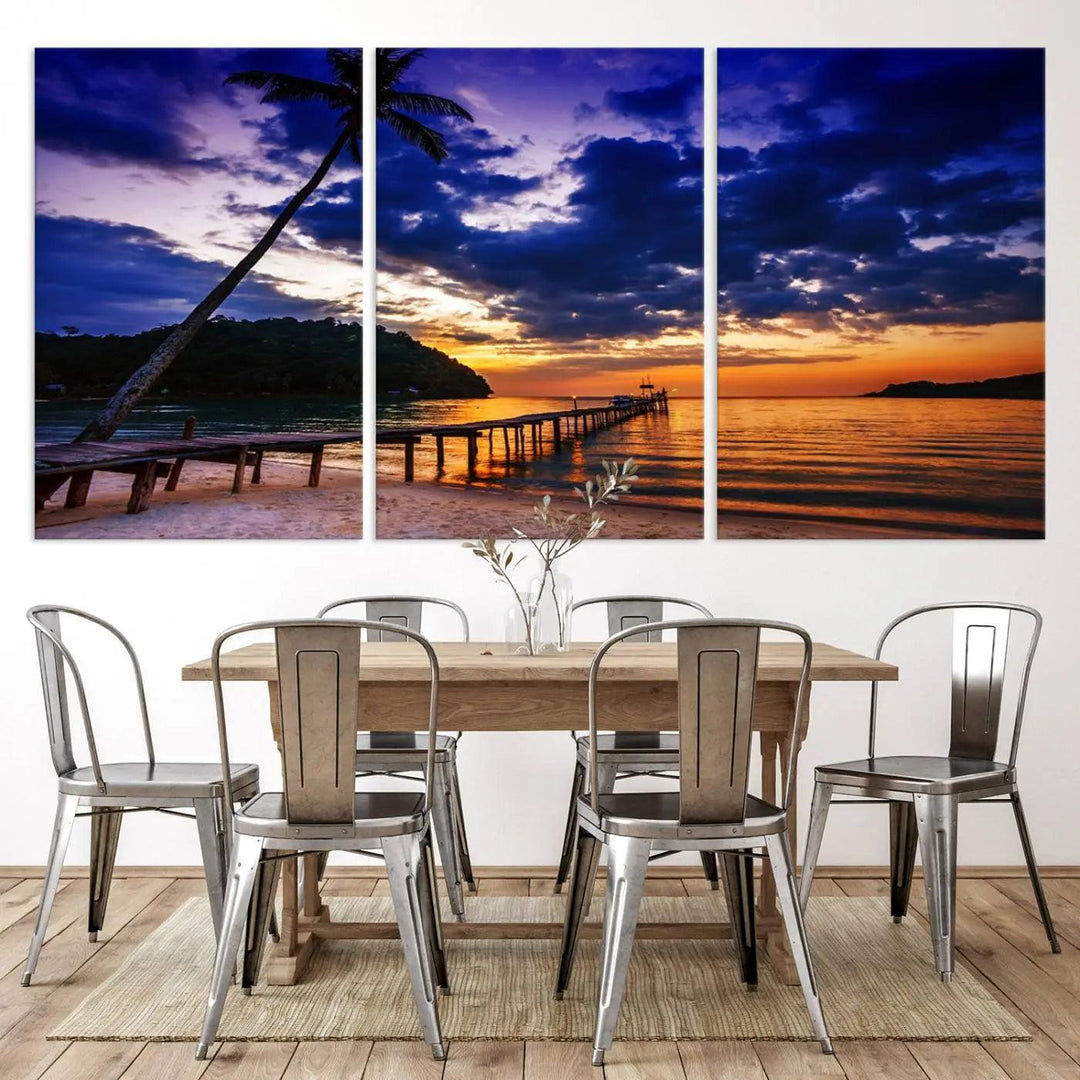 Sunset Beach Pier Wall Art, Tropical Island Sunset Canvas Print, Palm Tree and Pier Seascape Triptych, Coastal Wall Art for Relaxation Spaces