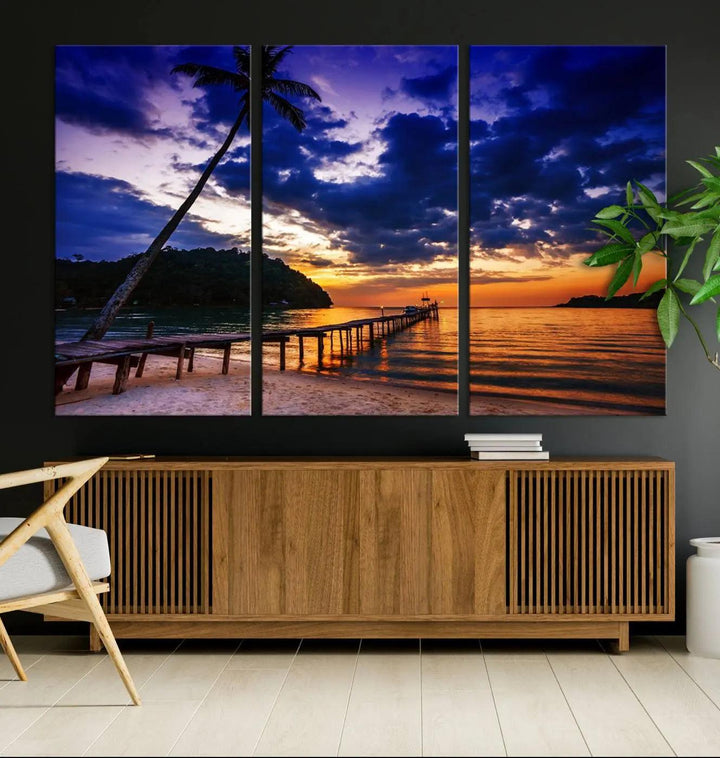 Sunset Beach Pier Wall Art, Tropical Island Sunset Canvas Print, Palm Tree and Pier Seascape Triptych, Coastal Wall Art for Relaxation Spaces