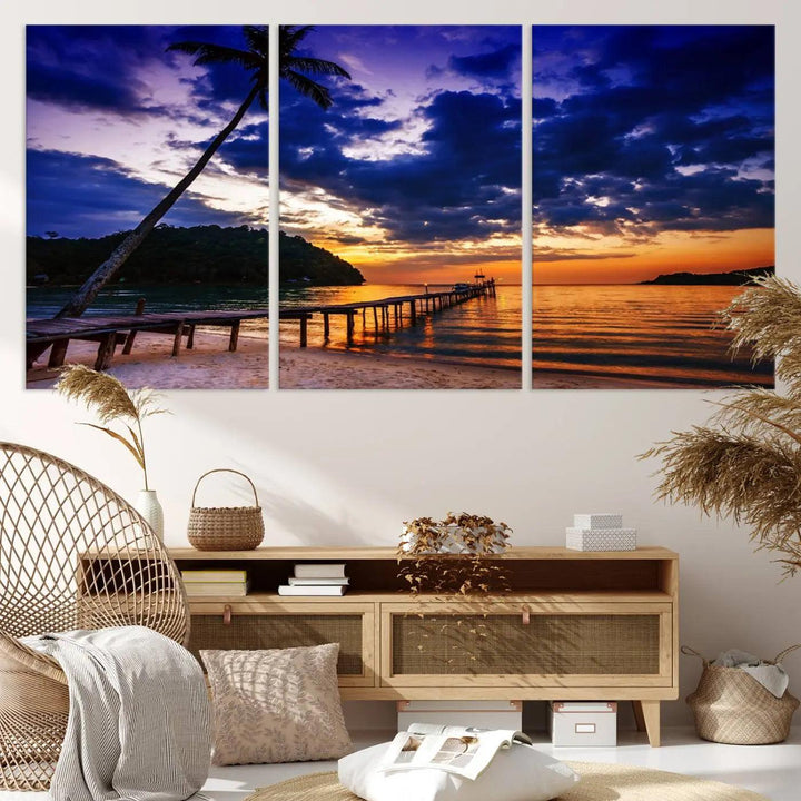 Sunset Beach Pier Wall Art, Tropical Island Sunset Canvas Print, Palm Tree and Pier Seascape Triptych, Coastal Wall Art for Relaxation Spaces