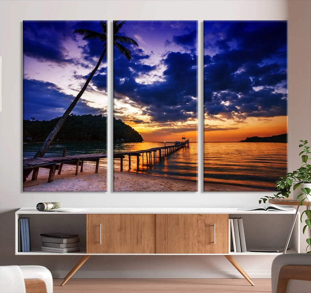 Sunset Beach Pier Wall Art, Tropical Island Sunset Canvas Print, Palm Tree and Pier Seascape Triptych, Coastal Wall Art for Relaxation Spaces