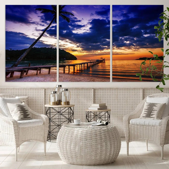 Sunset Beach Pier Wall Art, Tropical Island Sunset Canvas Print, Palm Tree and Pier Seascape Triptych, Coastal Wall Art for Relaxation Spaces