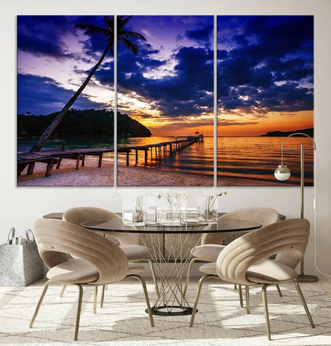 Sunset Beach Pier Wall Art, Tropical Island Sunset Canvas Print, Palm Tree and Pier Seascape Triptych, Coastal Wall Art for Relaxation Spaces