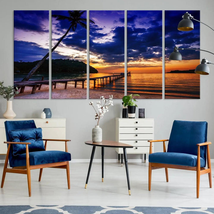 Sunset Beach Pier Wall Art, Tropical Island Sunset Canvas Print, Palm Tree and Pier Seascape Triptych, Coastal Wall Art for Relaxation Spaces