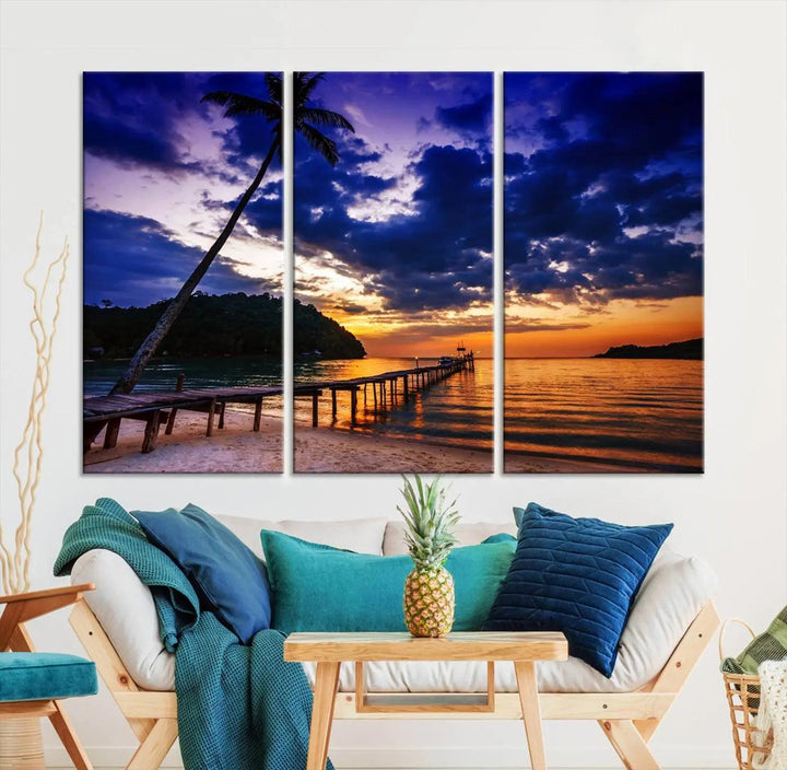 Sunset Beach Pier Wall Art, Tropical Island Sunset Canvas Print, Palm Tree and Pier Seascape Triptych, Coastal Wall Art for Relaxation Spaces